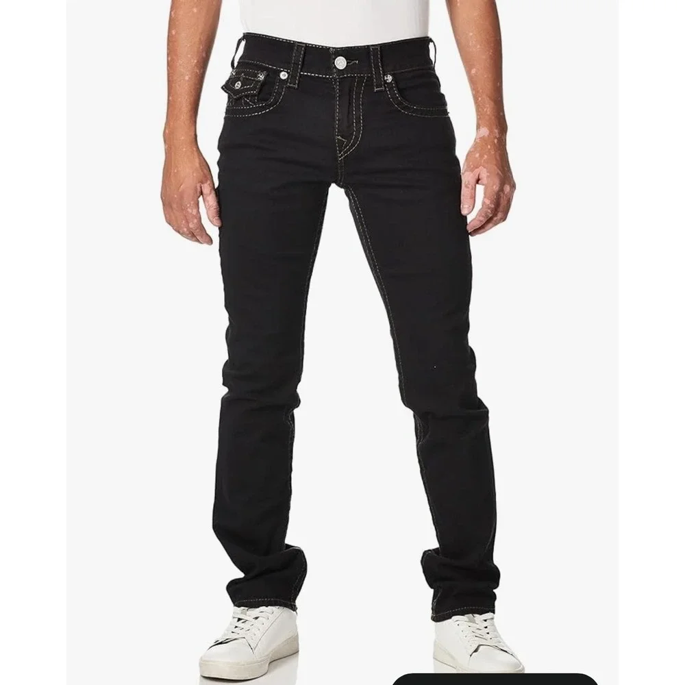 True Religion Ricky Relaxed Straight Black Contrast Stitch Jeans Mens 36